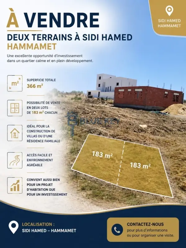 À vendre – Terrains à Sidi Hamed, Hammamet/Superficie totale : 366 m² /Possibilité de vente en deux lots de 183 m²