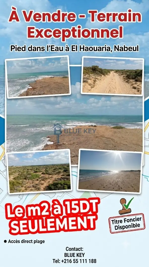 À Vendre – Terrain Exceptionnel Pied dans l’Eau à El Haouaria, Nabeul