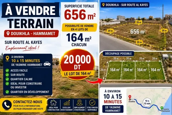 À Vendre : Terrains à Dhouikhla –Yasmine Hammamet