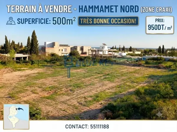 A vendre : Magnifique terrain d'une superficie de 500 m² *Hammamet nord zone Craxi *